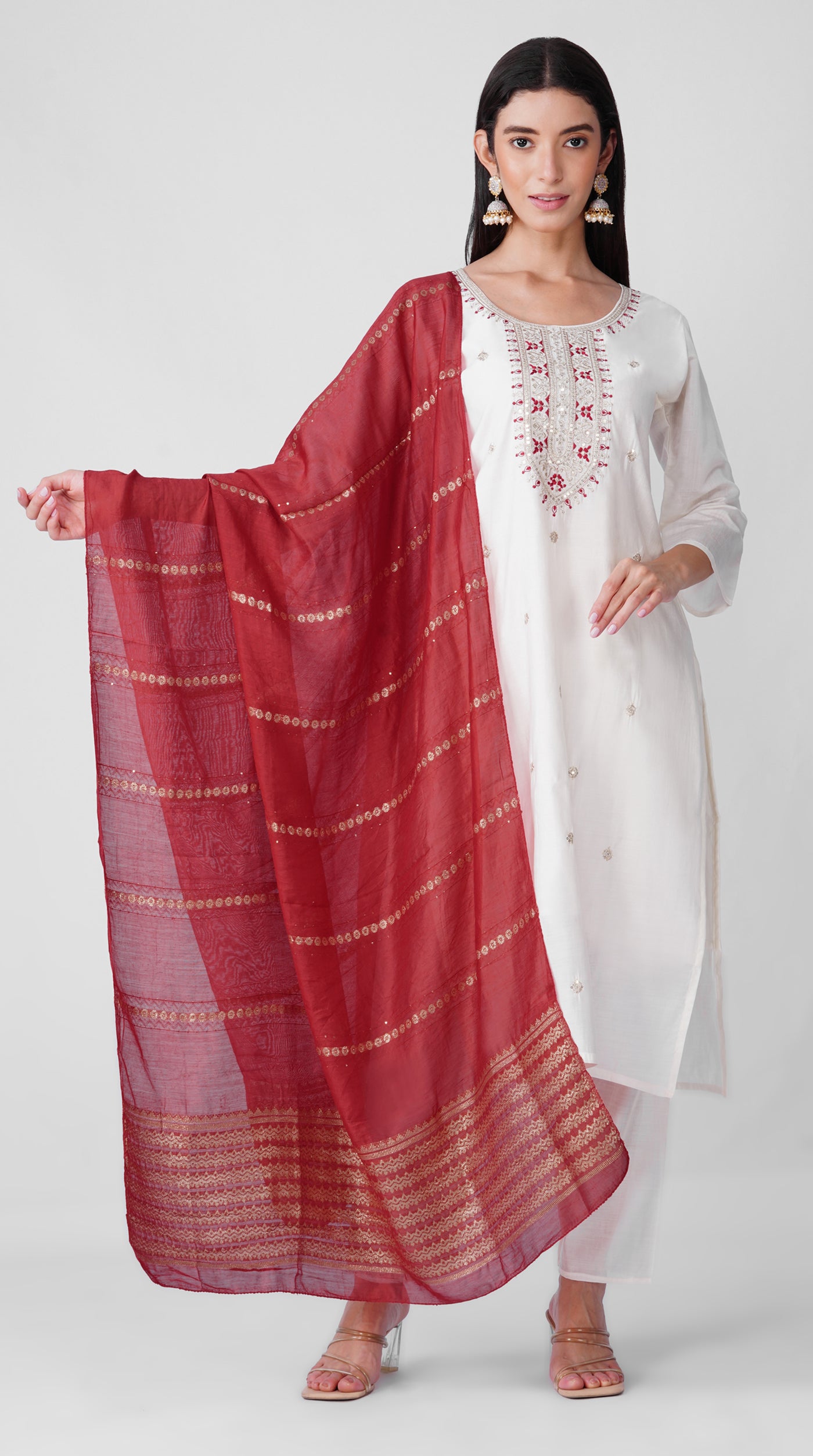 Ivory Roman Silk Kurta Set with Maroon Chanderi Dupatta