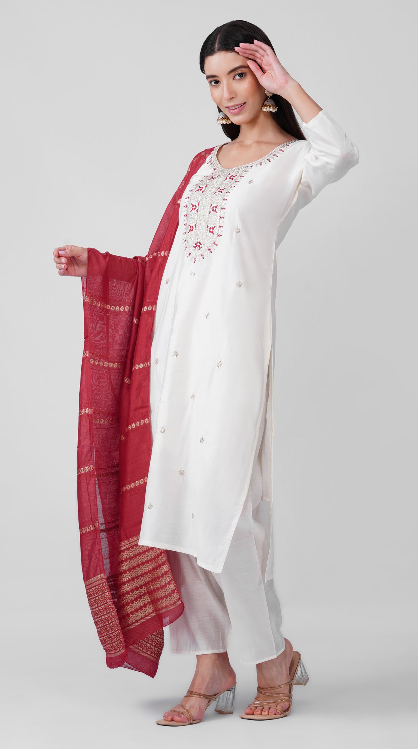 Ivory Roman Silk Kurta Set with Maroon Chanderi Dupatta