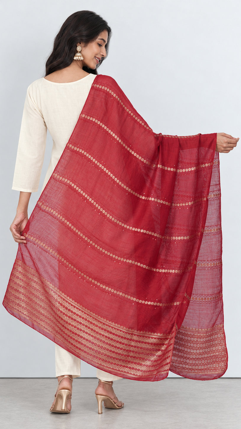 Cream Cotton Silk Top and Trousers with a Maroon Woven Dupatta 