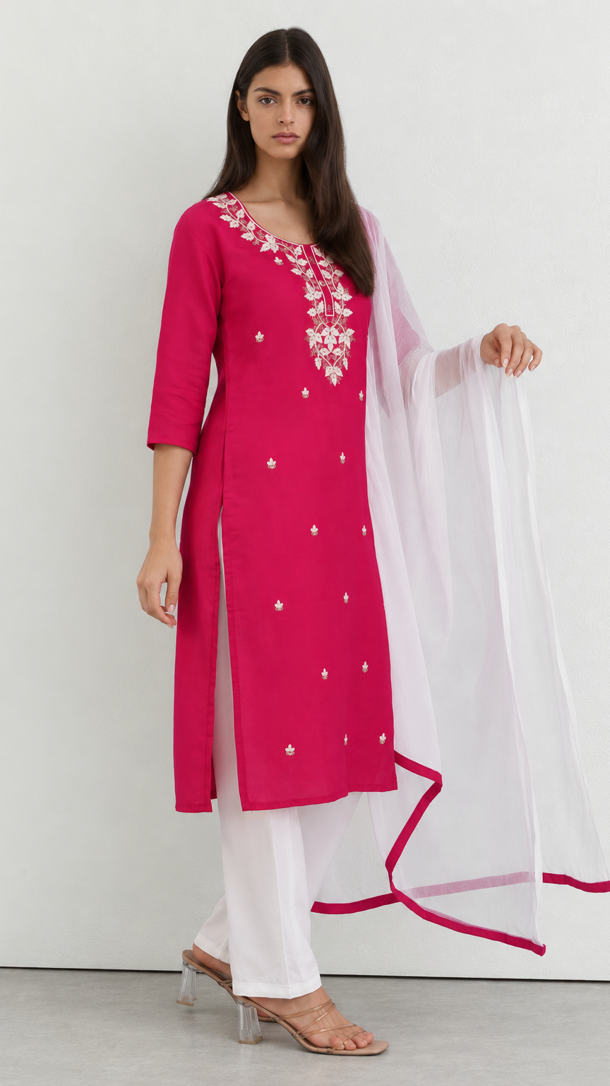 Pink threadwork kurta set paired with white trousers and dupatta