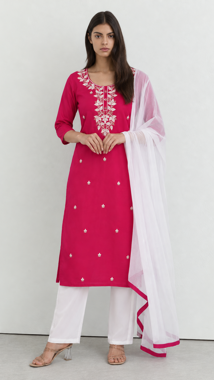 Pink threadwork kurta set paired with white trousers and dupatta