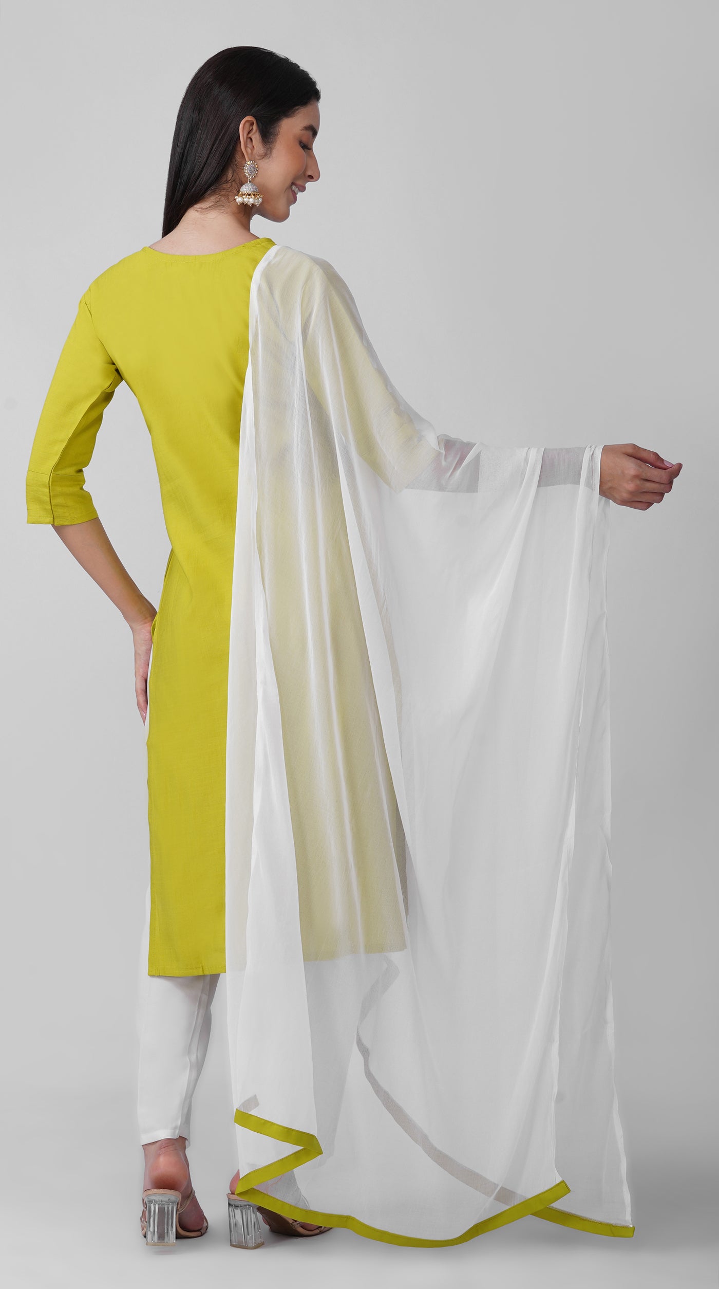 Rama Green Threadwork Cotton Kurta Set with White Trousers & Dupatta