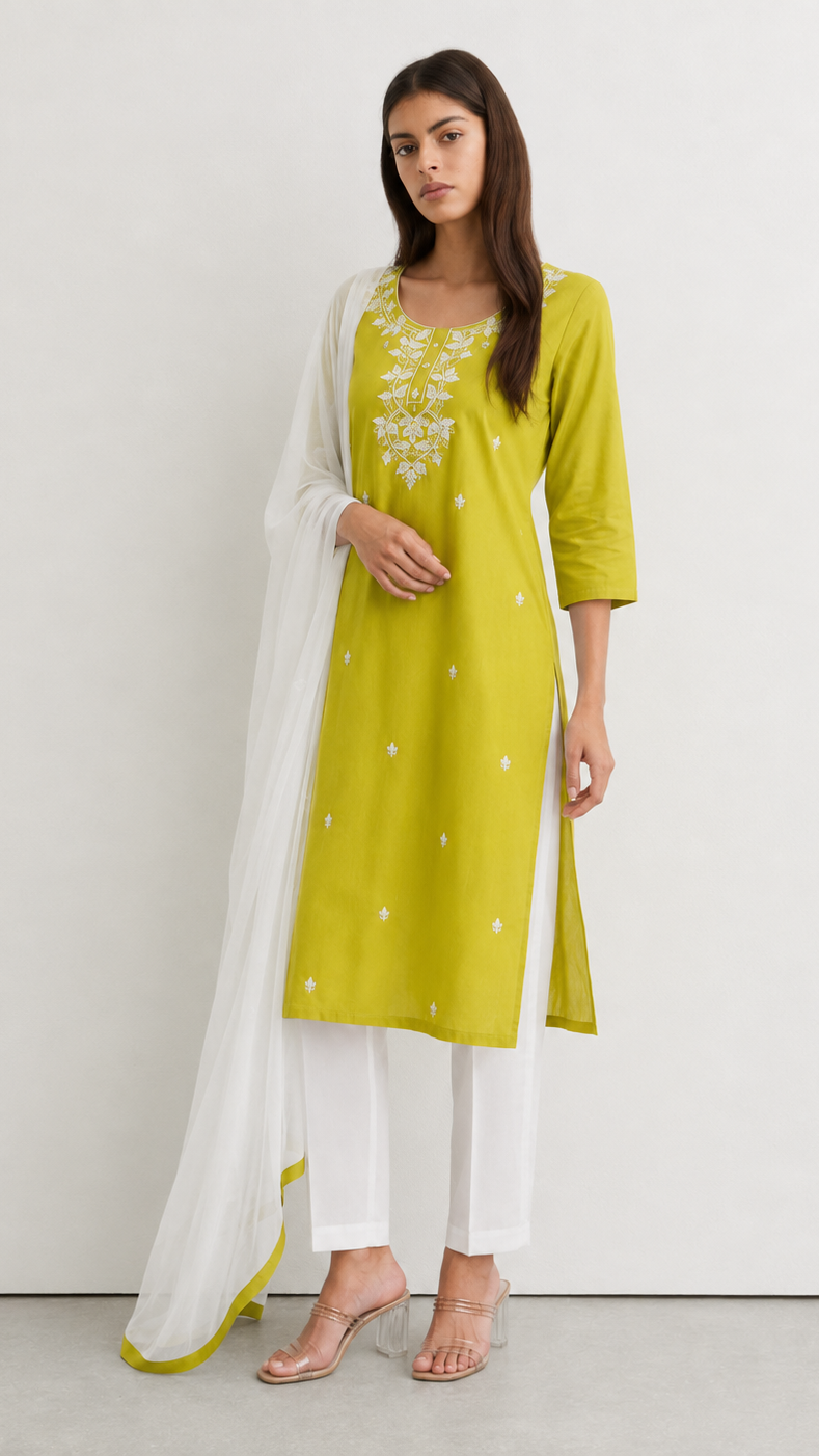 Young woman wearing a lime green embroidered kurta with white floral threadwork, matching white trousers and a sheer white dupatta with green border.