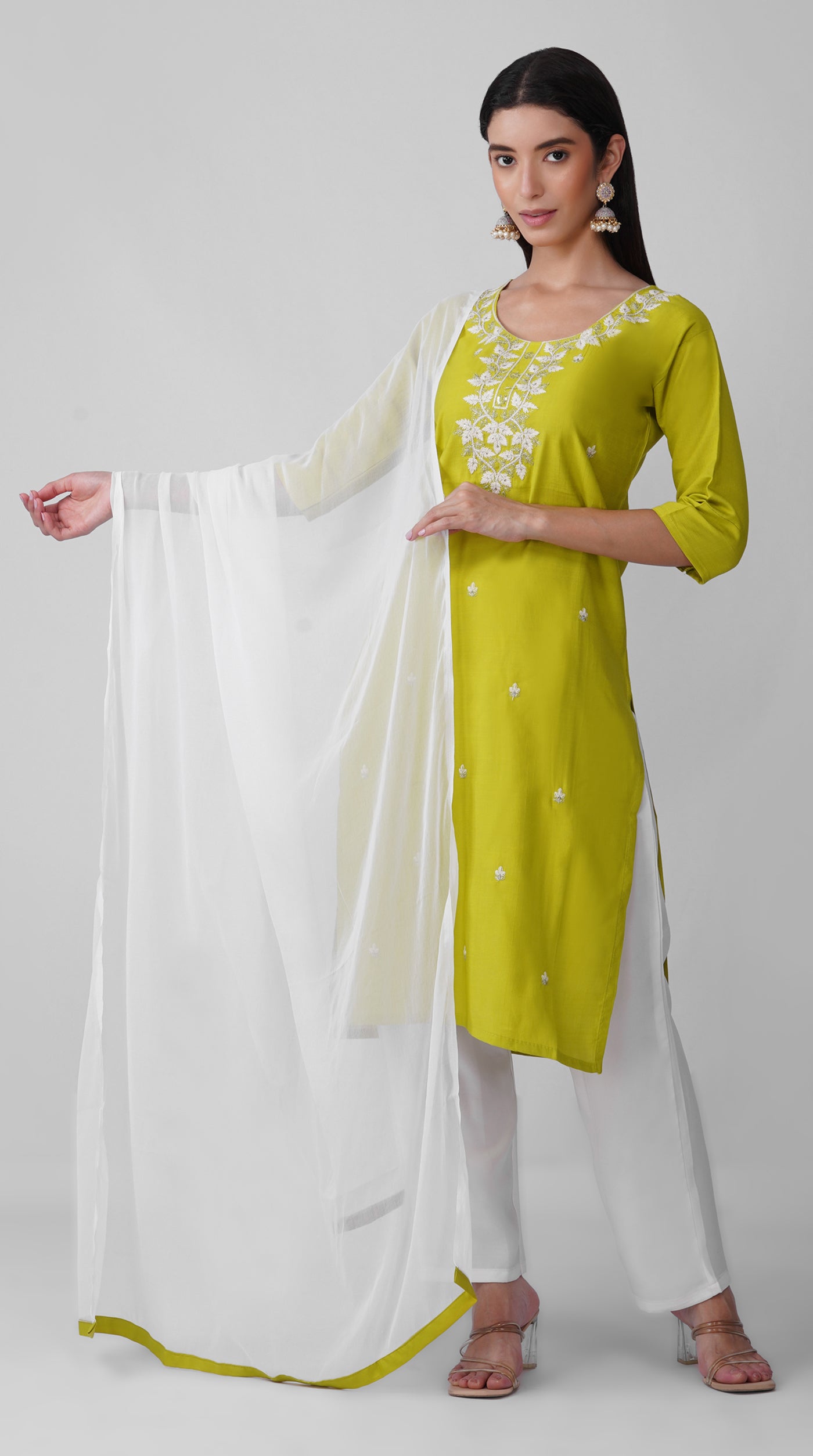 Rama Green Threadwork Cotton Kurta Set with White Trousers & Dupatta