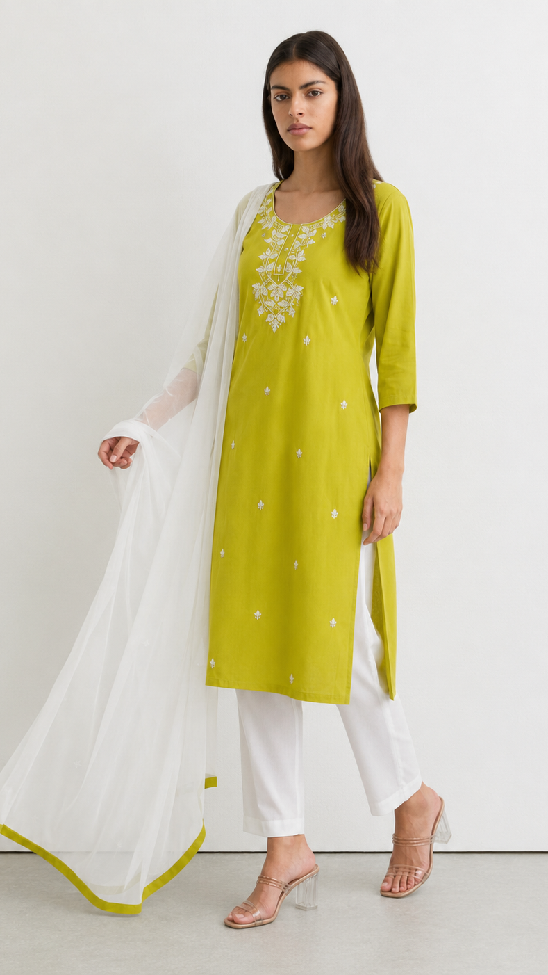 Young woman wearing a lime green embroidered kurta with white floral threadwork, matching white trousers and a sheer white dupatta with green border.