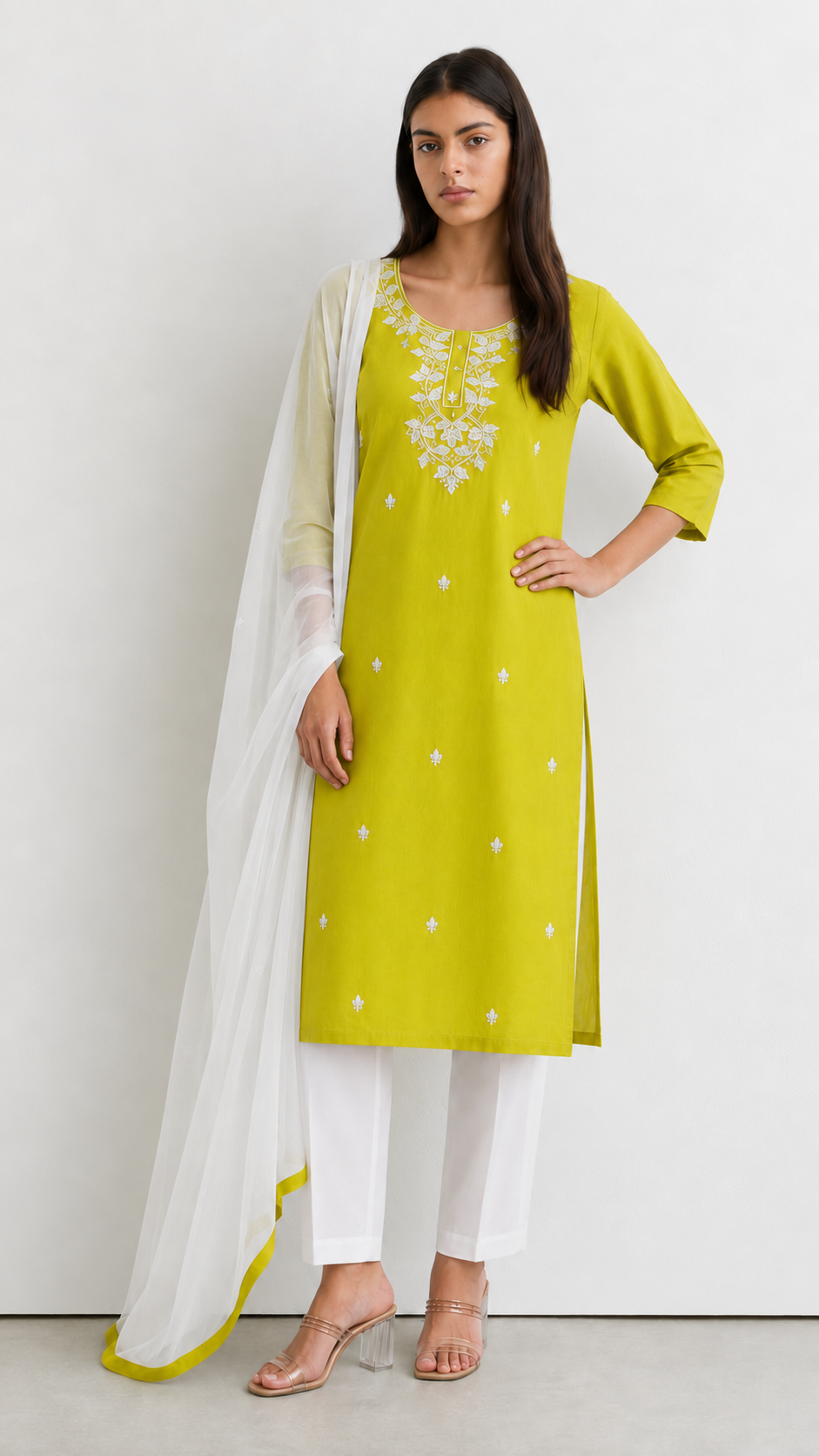 Lime green contrasted with white embroidery, dupatta and trousers smart suit 