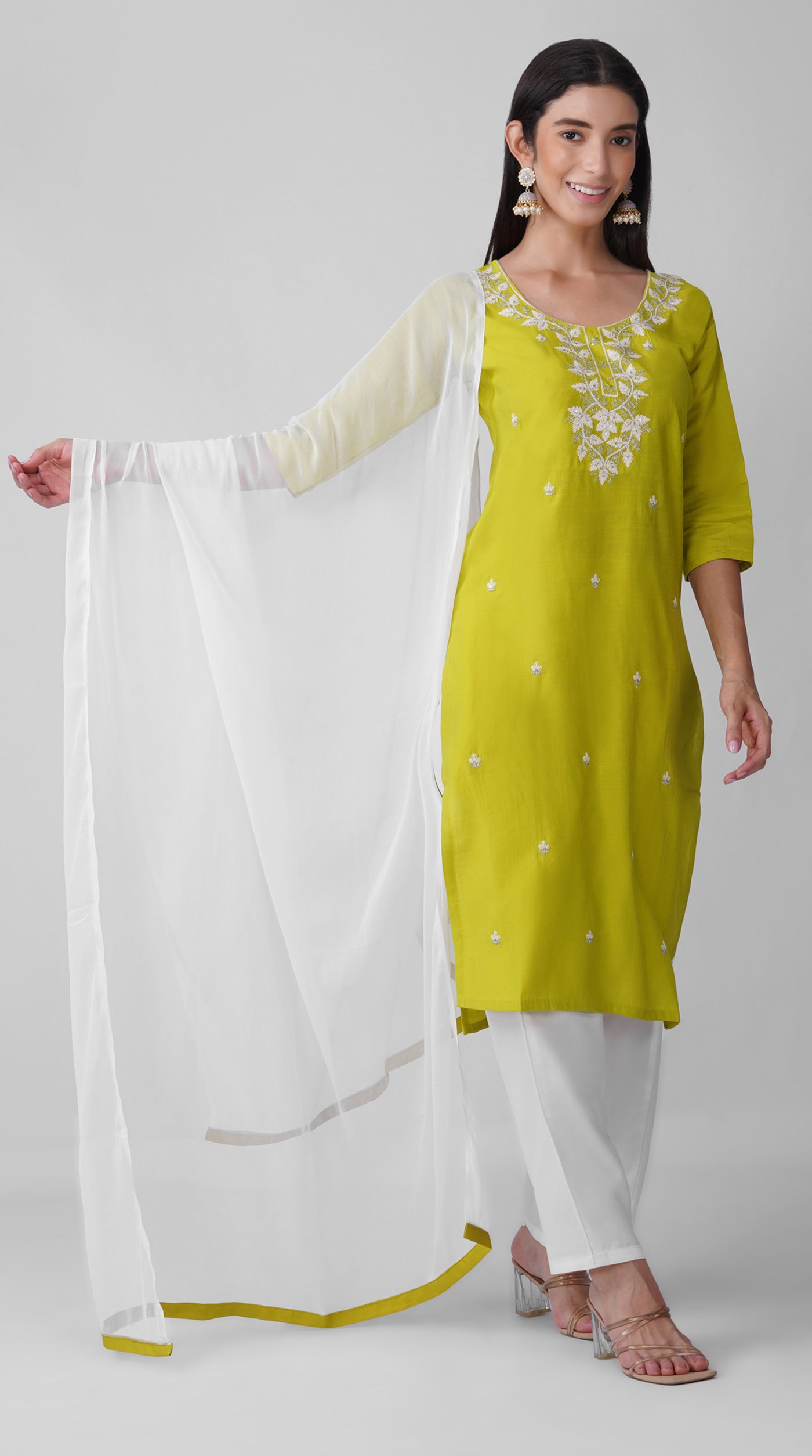 Rama Green Threadwork Cotton Kurta Set with White Trousers & Dupatta