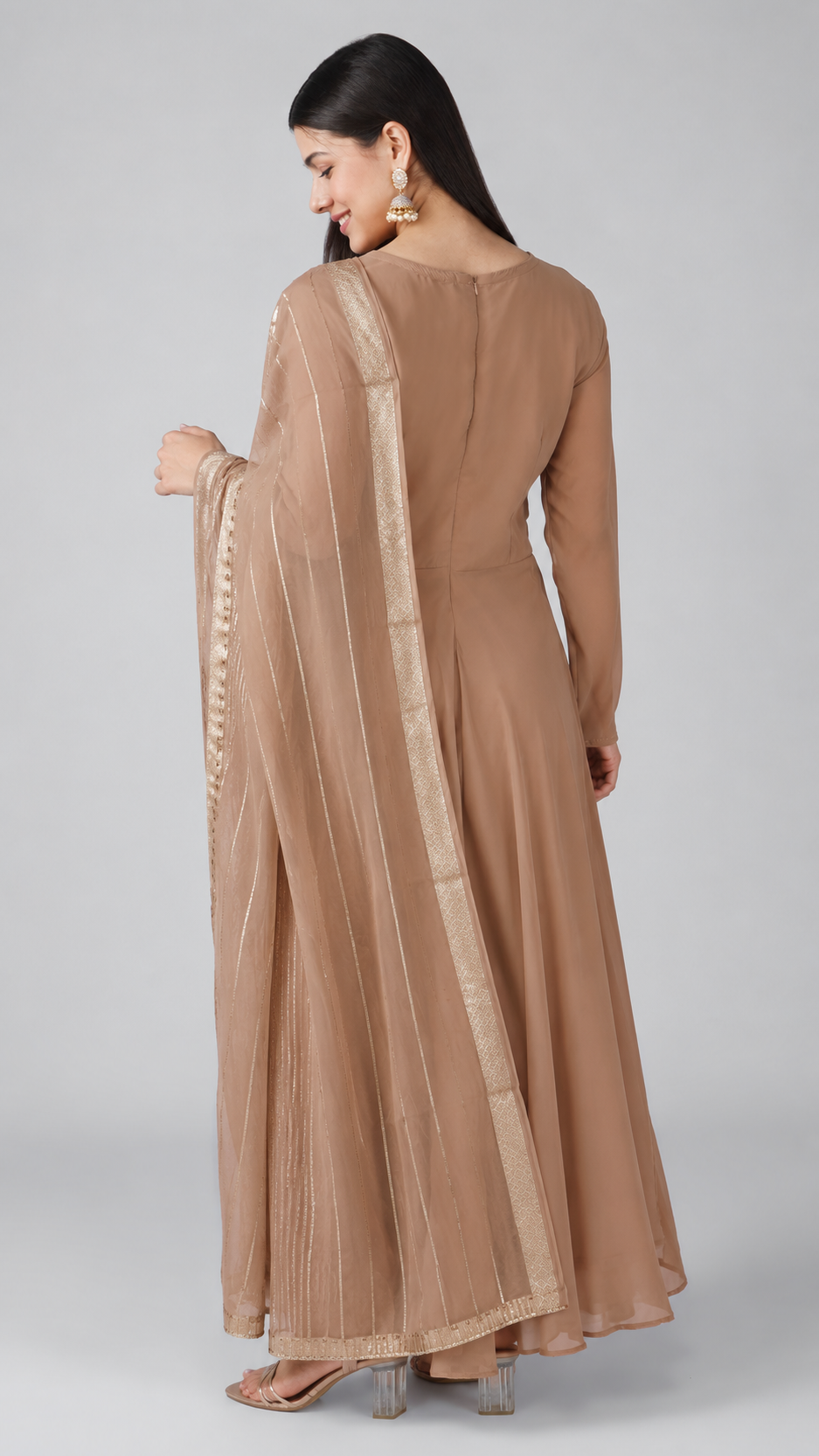 Mouse brown bias cut georgette suit set with jacquard dupatta