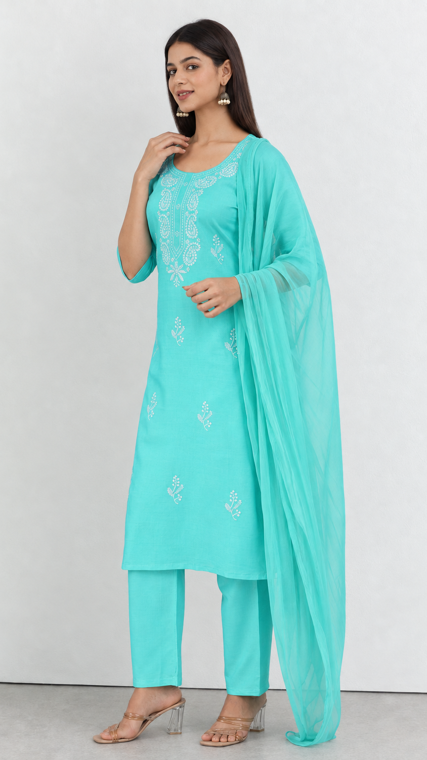 Mint green cotton traditional suit with embroidery and chiffon dupatta