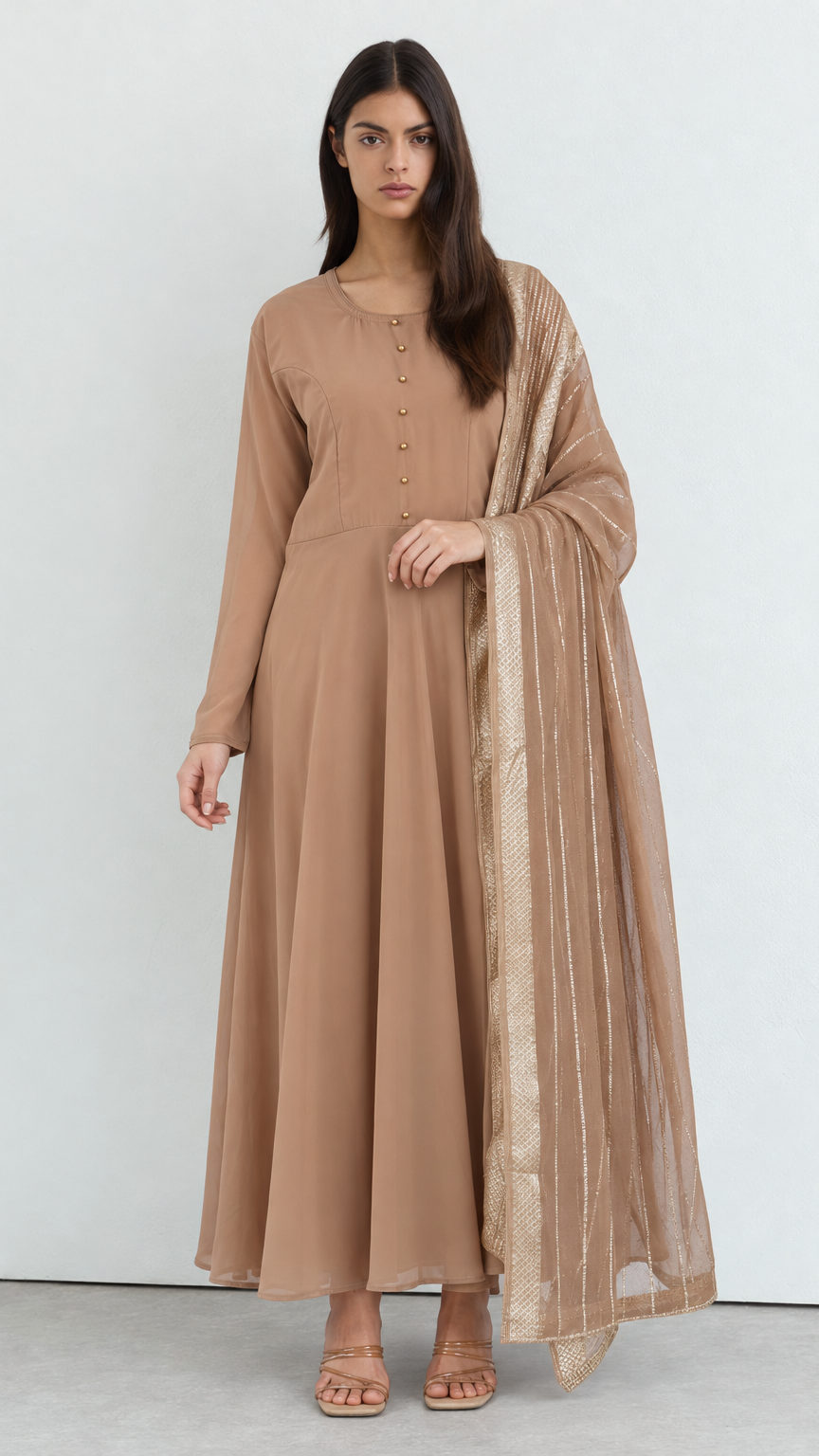 Mouse brown bias cut georgette suit set with jacquard dupatta