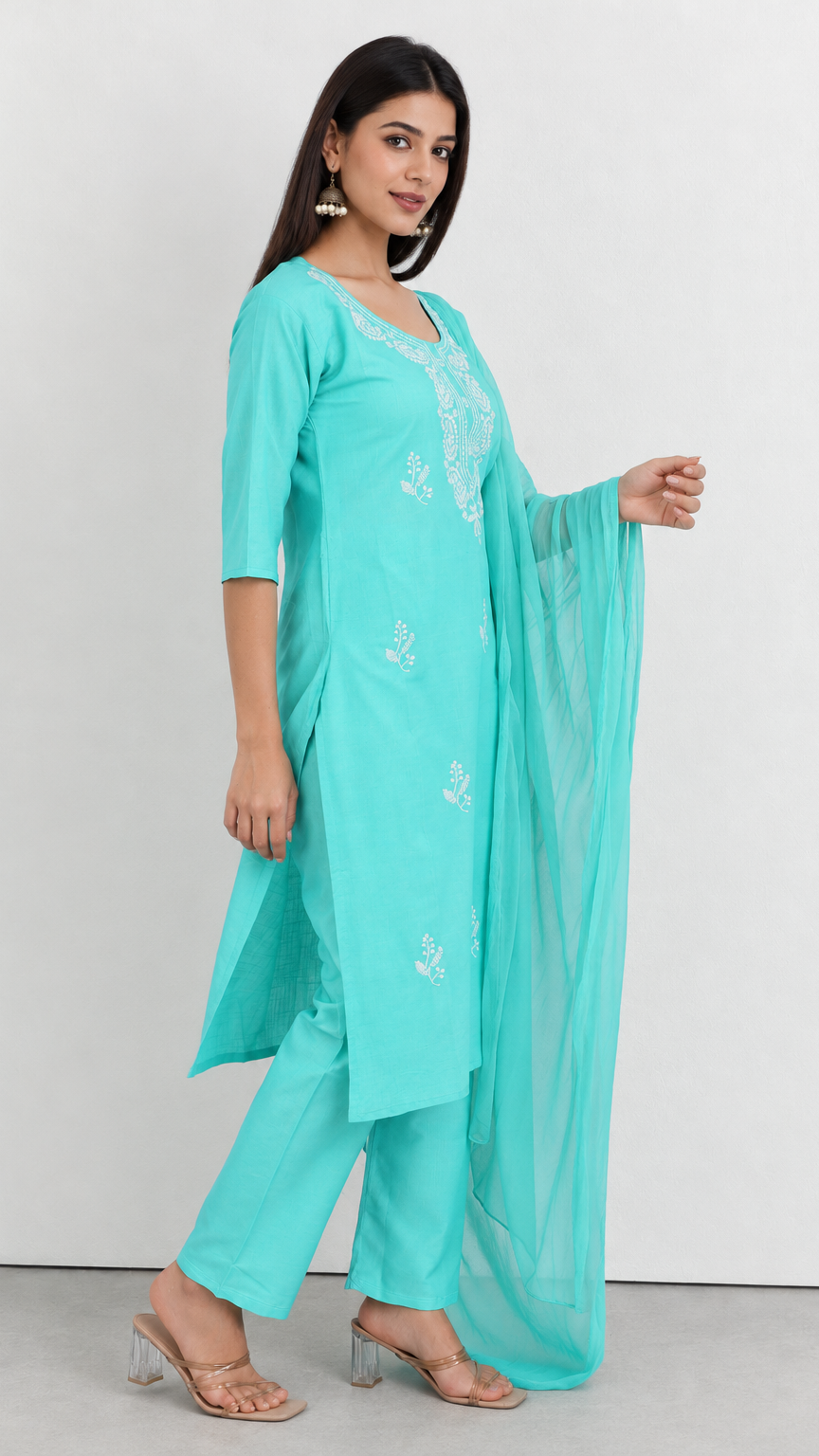 Mint green cotton traditional suit with embroidery and chiffon dupatta