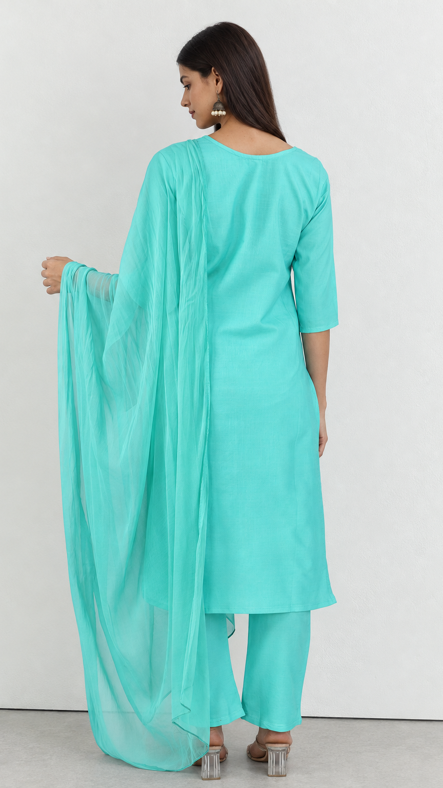 Mint green cotton traditional suit with embroidery and chiffon dupatta