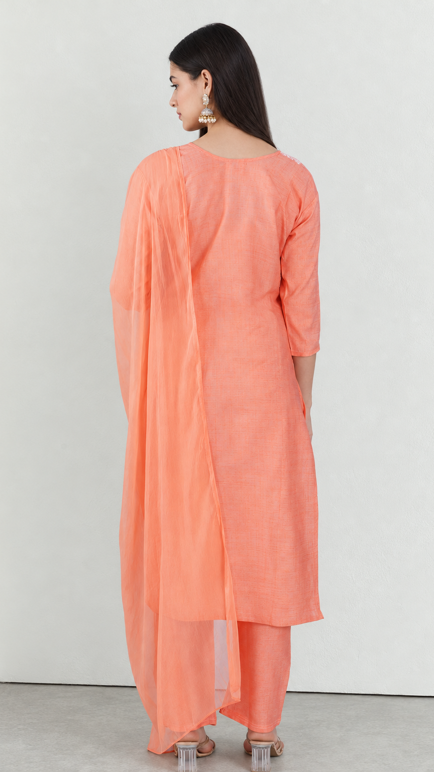 Peach cotton traditional suit with embroidery and chiffon dupatta