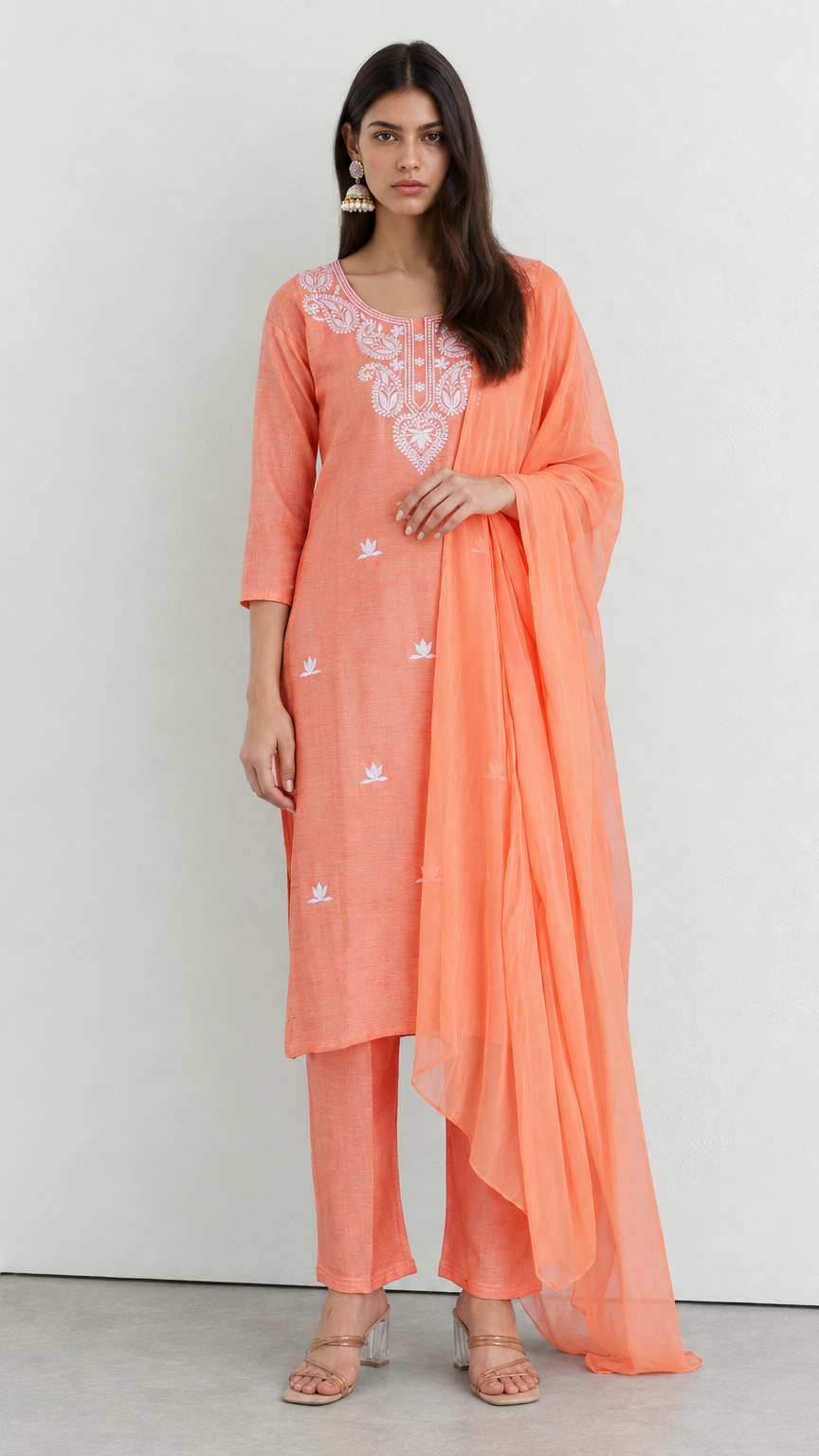 Peach cotton traditional suit with embroidery and chiffon dupatta