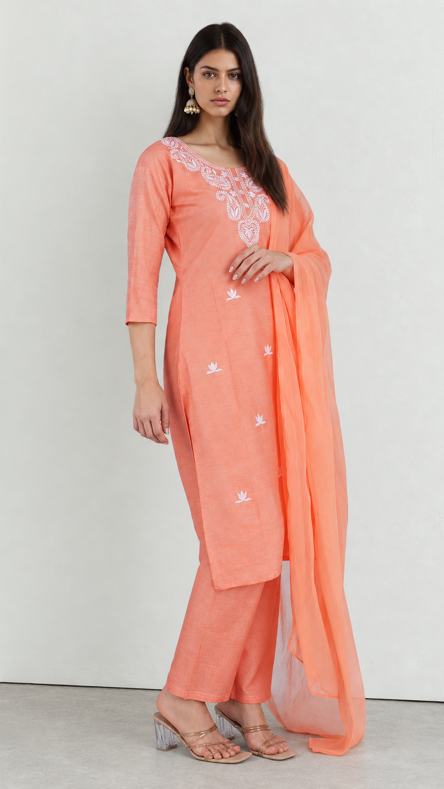 Peach cotton traditional suit with embroidery and chiffon dupatta