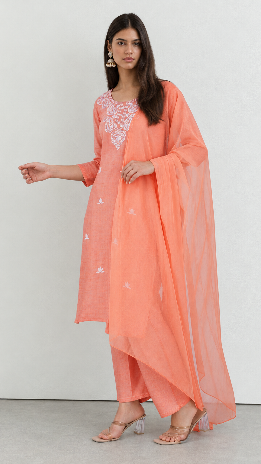 Peach cotton traditional suit with embroidery and chiffon dupatta