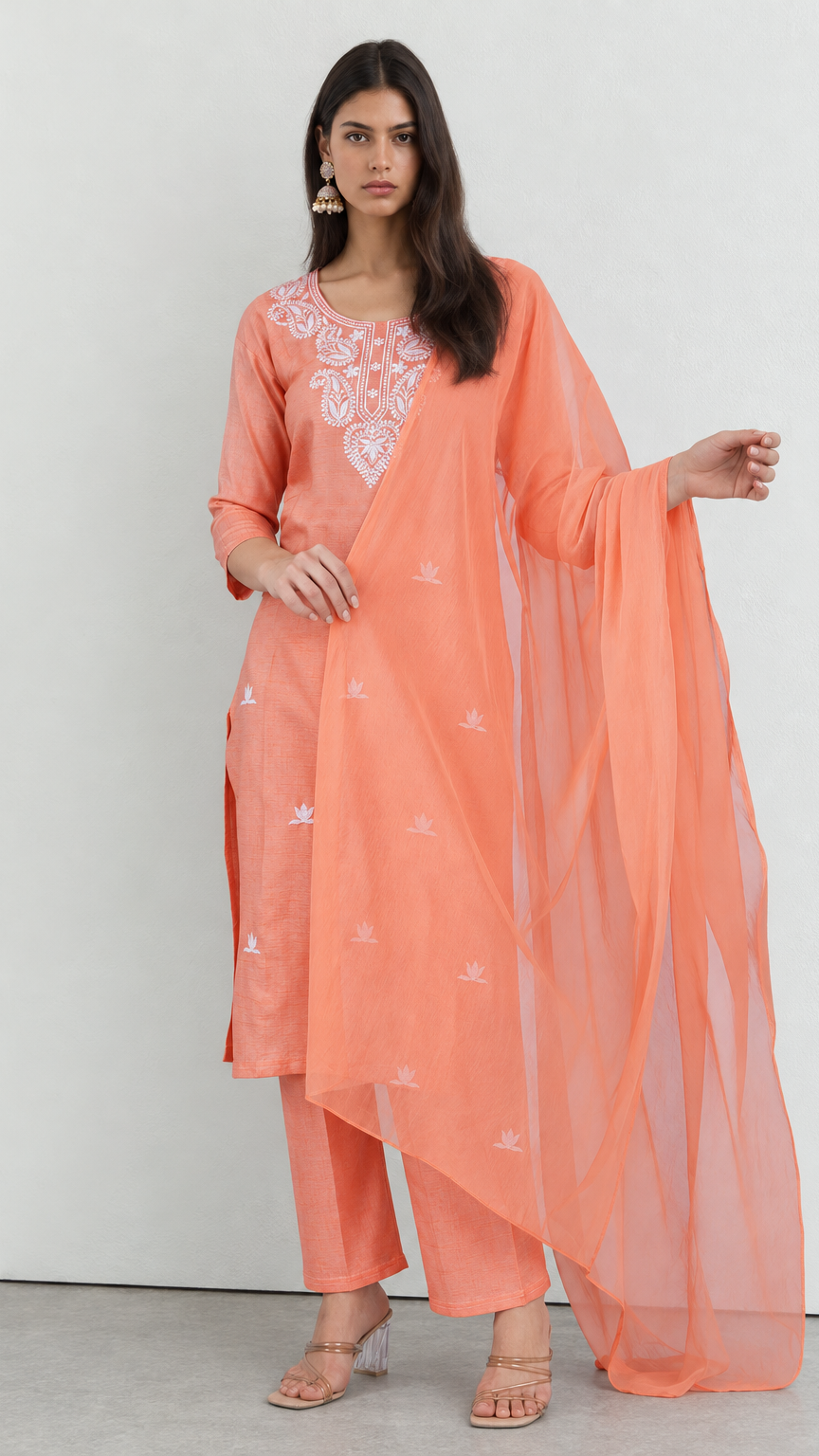Peach cotton traditional suit with embroidery and chiffon dupatta