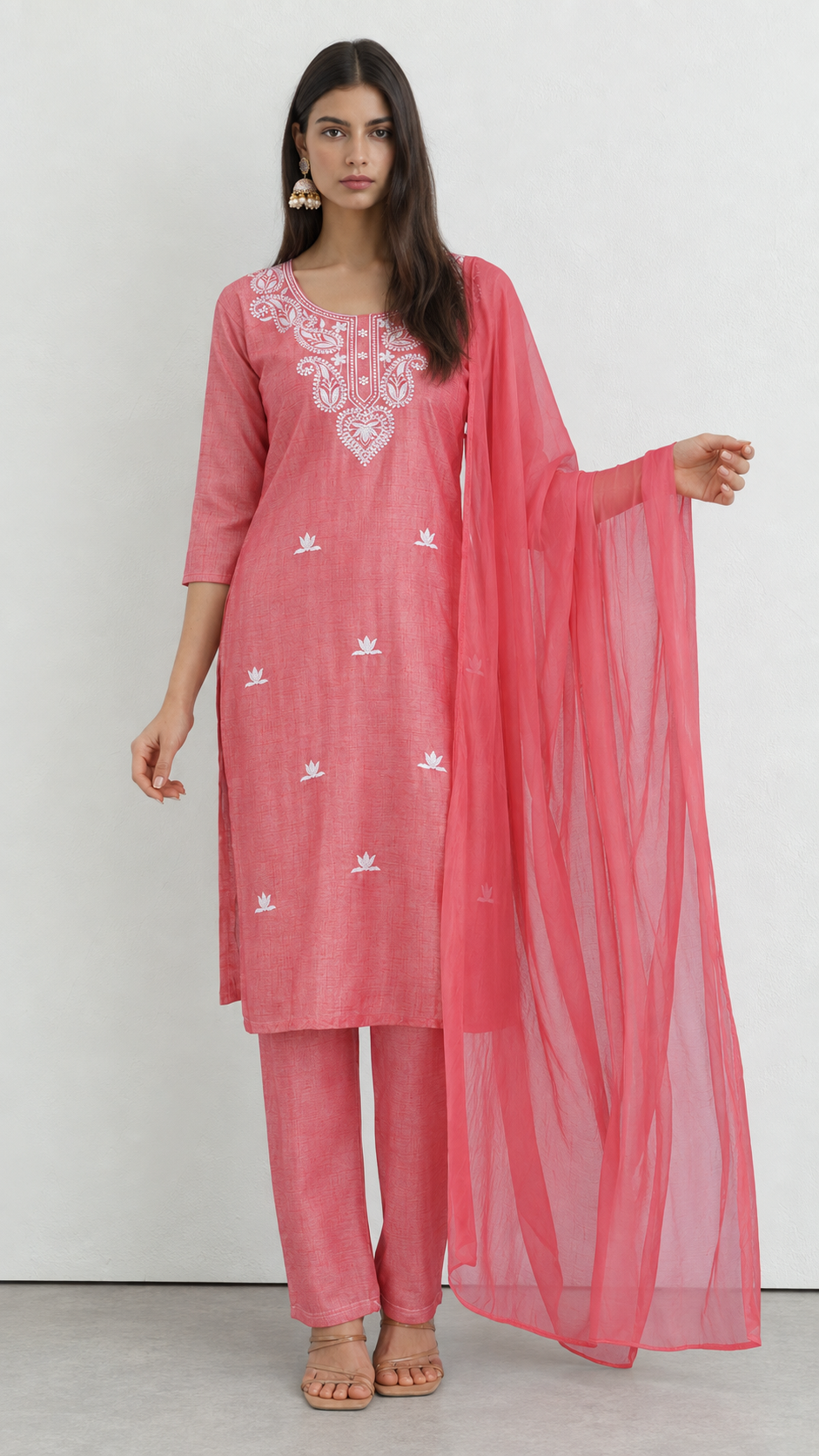 Pink cotton traditional suit with embroidery and chiffon dupatta