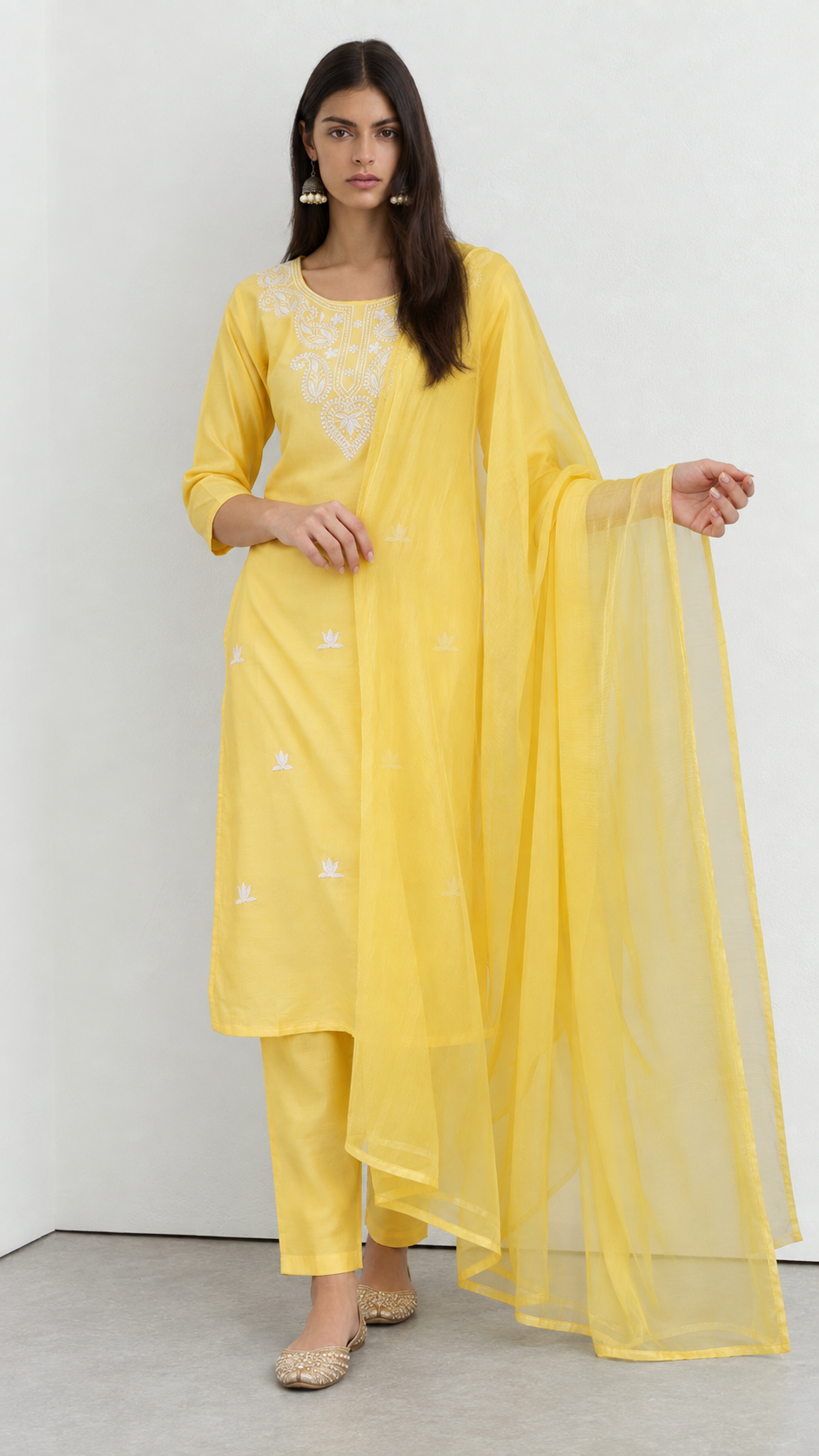 Lime yellow cotton traditional suit with embroidery and chiffon dupatta