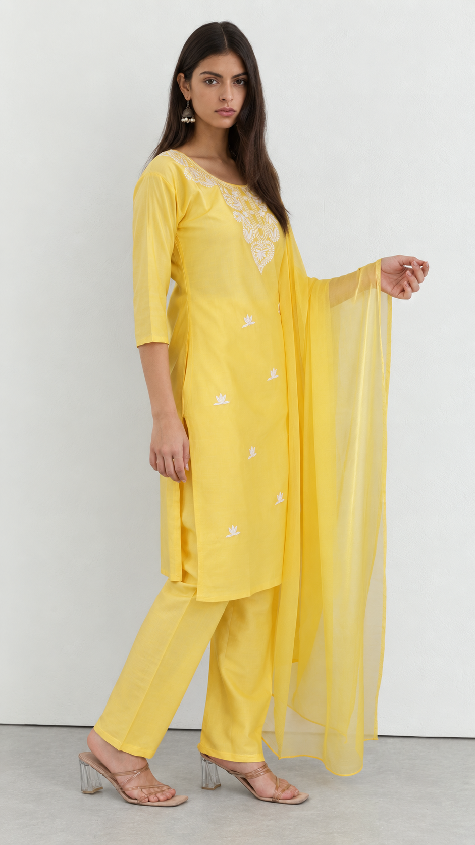 Lime yellow cotton traditional suit with embroidery and chiffon dupatta