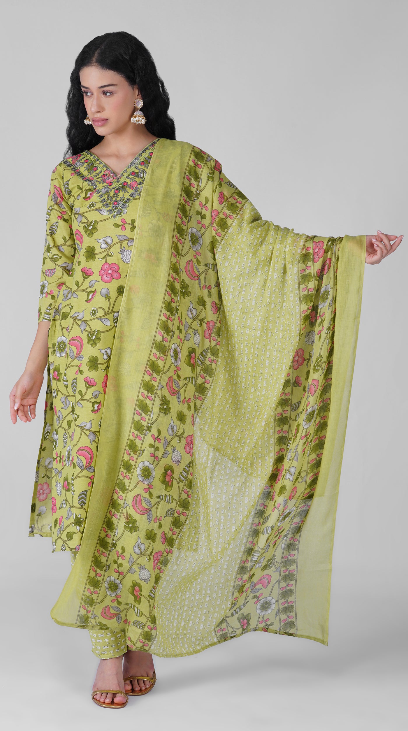 Green floral printed cotton kurta set with matching dupatta