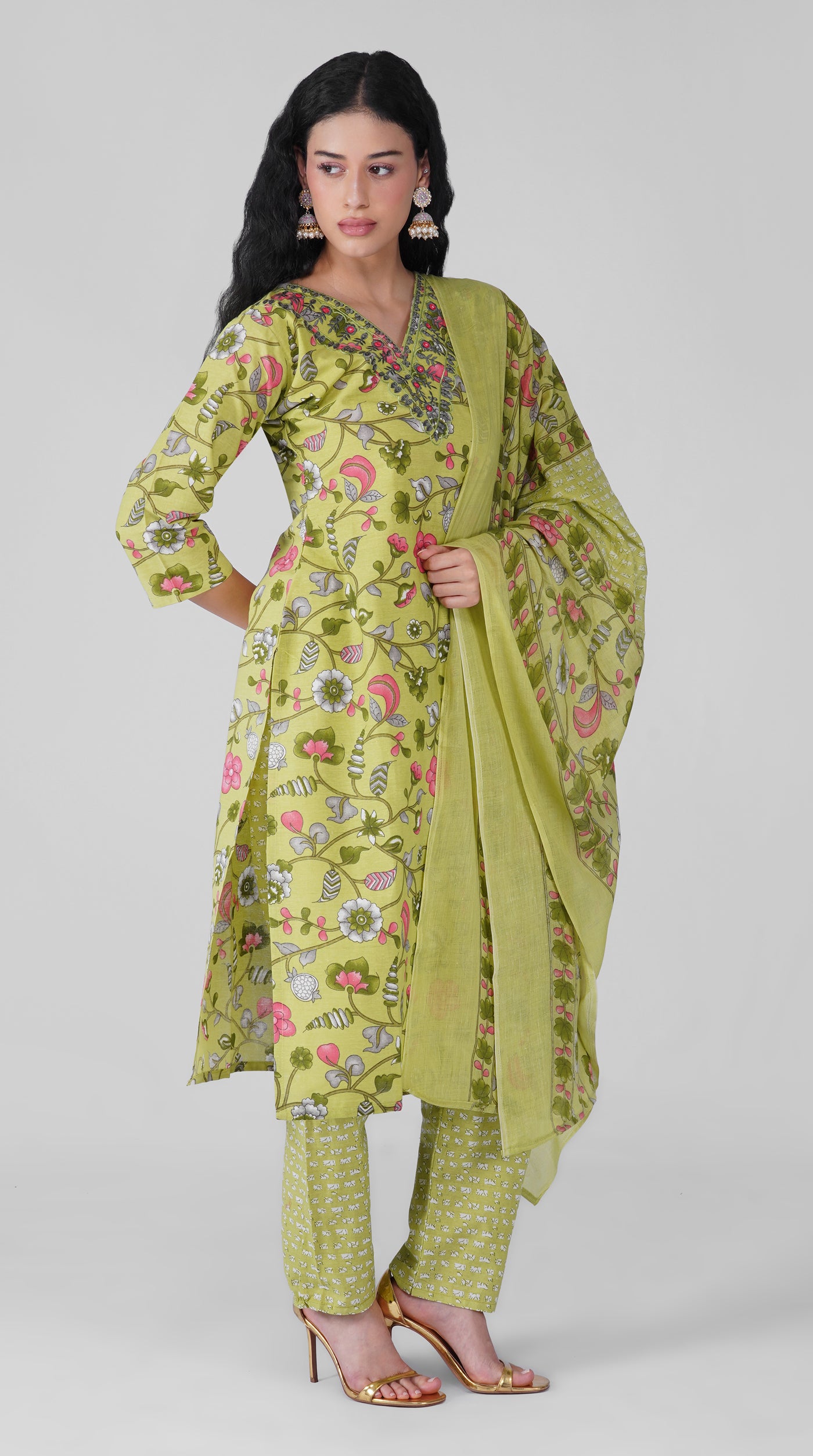 Green cotton kurta with floral print and embroidered V neckline