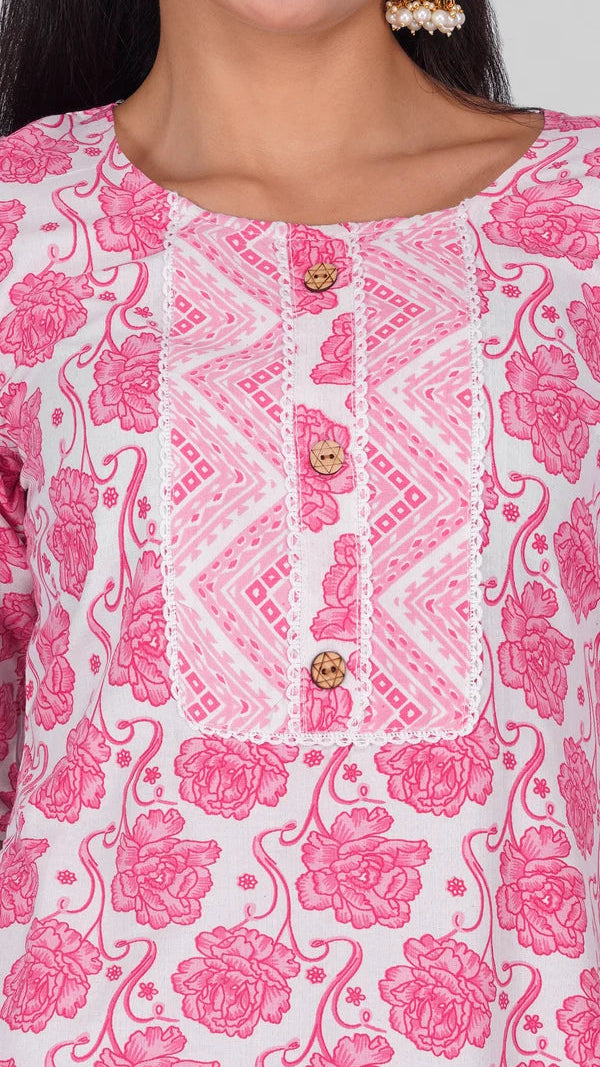 Pink and white floral printed salwar kameez suit with matching straight trousers and printed dupatta
