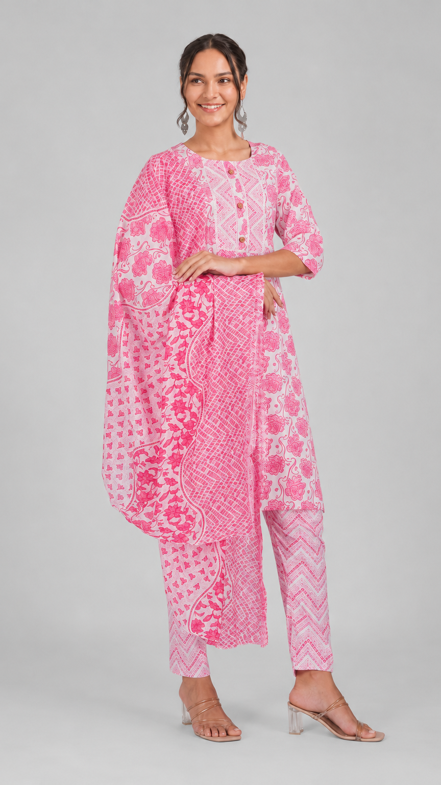 Pink and white floral printed salwar kameez suit with matching straight trousers and printed dupatta
