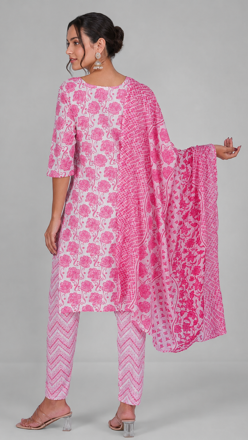 Pink and white floral printed salwar kameez suit with matching straight trousers and printed dupatta
