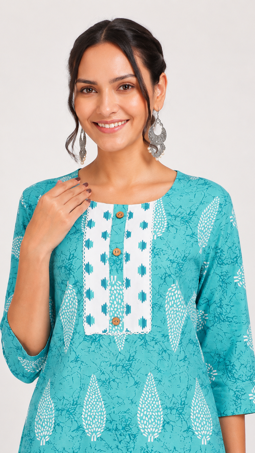 Turquoise and white printed salwar kameez suit with straight trousers and matching printed dupatta
