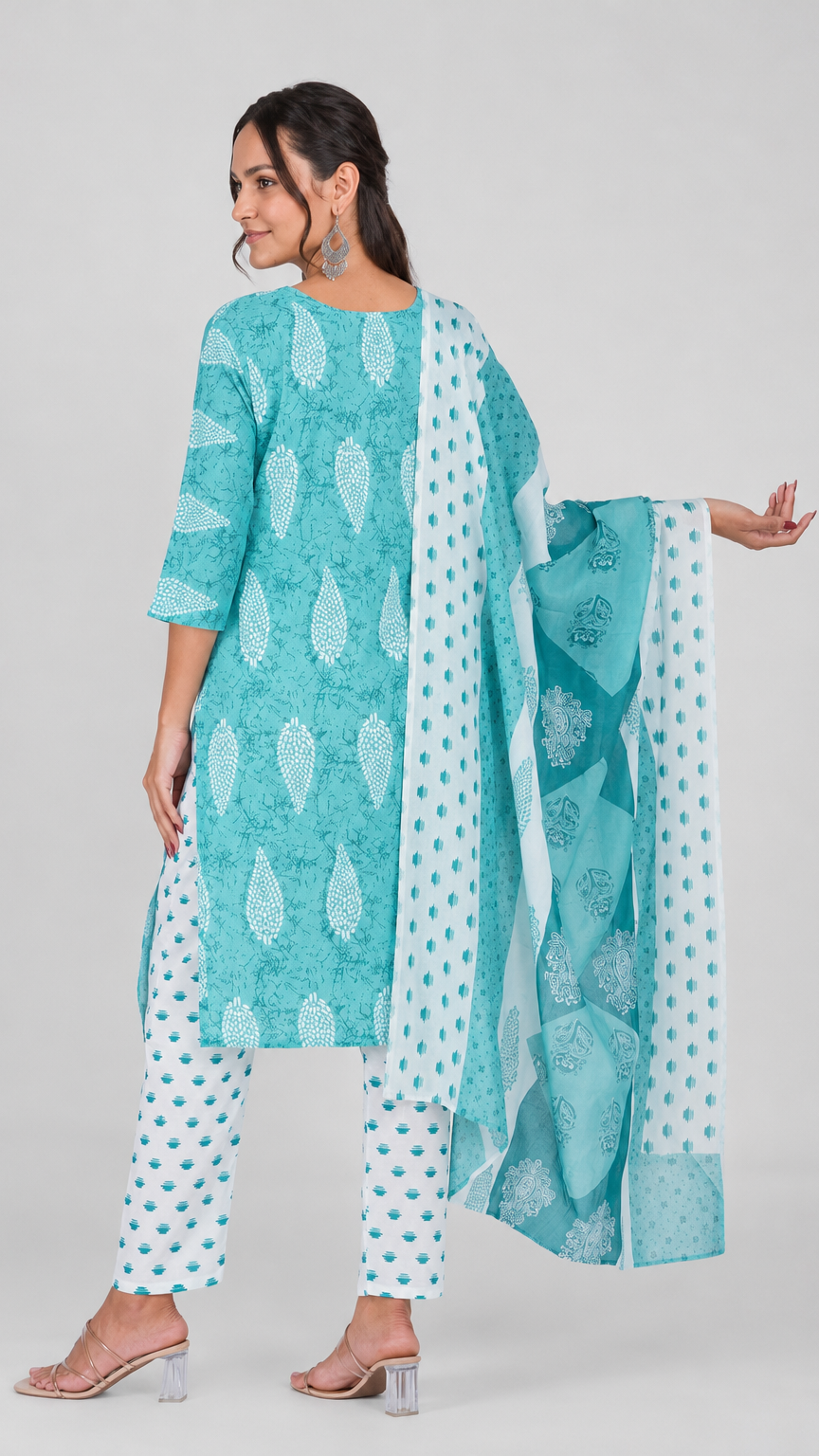 Turquoise and white printed salwar kameez suit with straight trousers and matching printed dupatta
