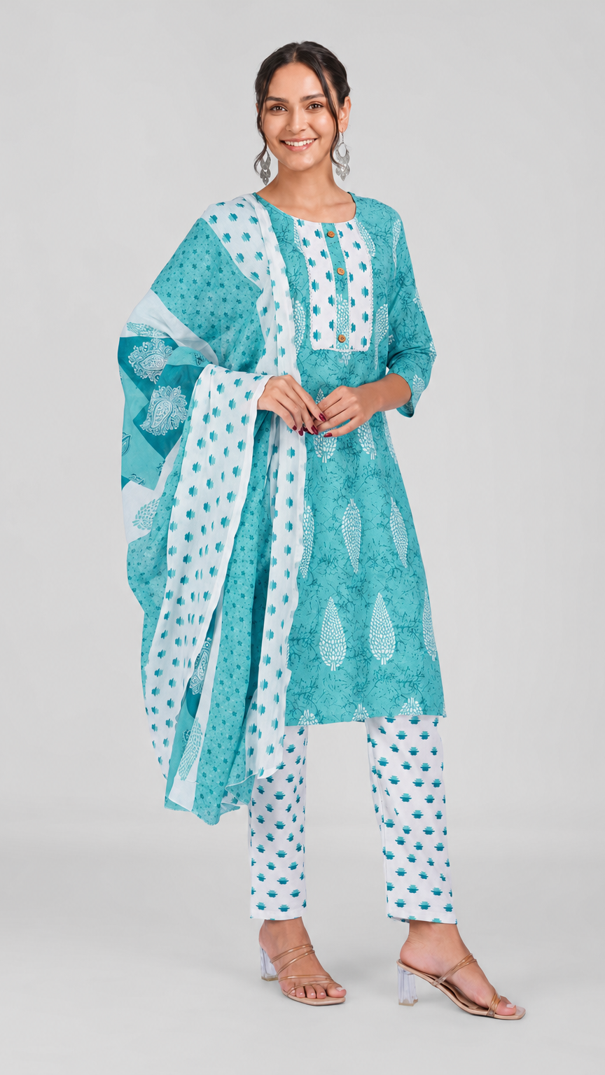 Turquoise and white printed salwar kameez suit with straight trousers and matching printed dupatta
