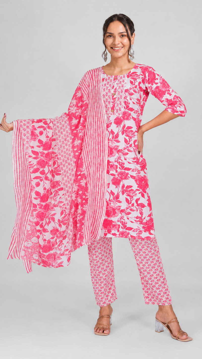 Coral pink and white floral printed salwar kameez suit with straight trousers and matching printed dupatta
