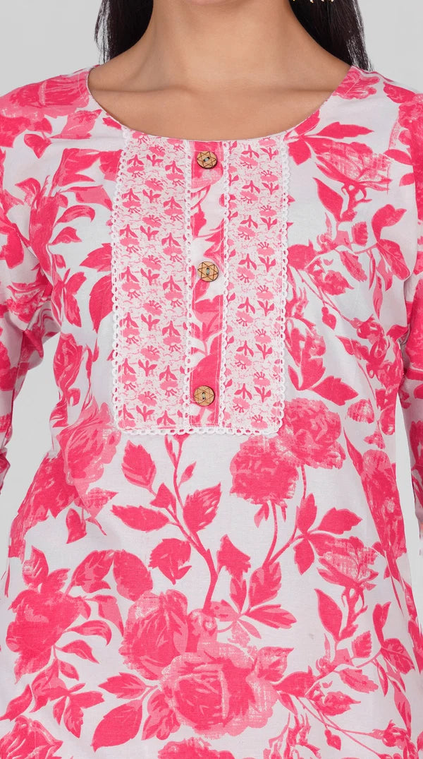 Pink Floral Printed Cotton Straight Suit Set with Cotton Dupatta