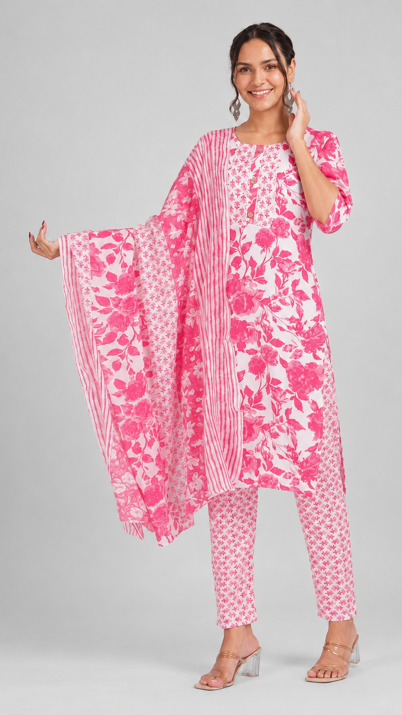 Coral pink and white floral printed salwar kameez suit with straight trousers and matching printed dupatta
