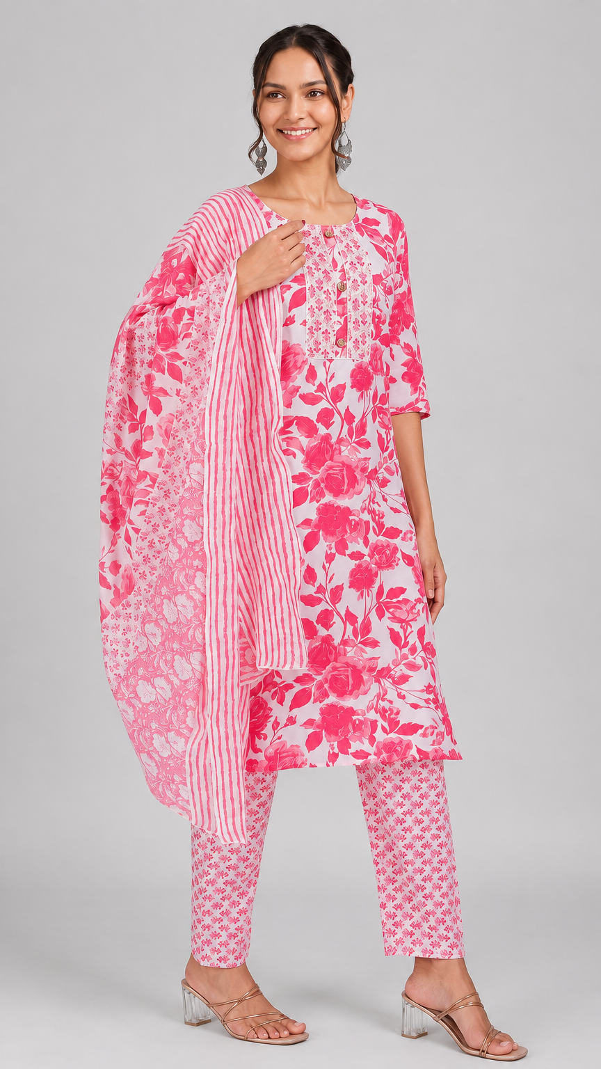 Coral pink and white floral printed salwar kameez suit with straight trousers and matching printed dupatta
