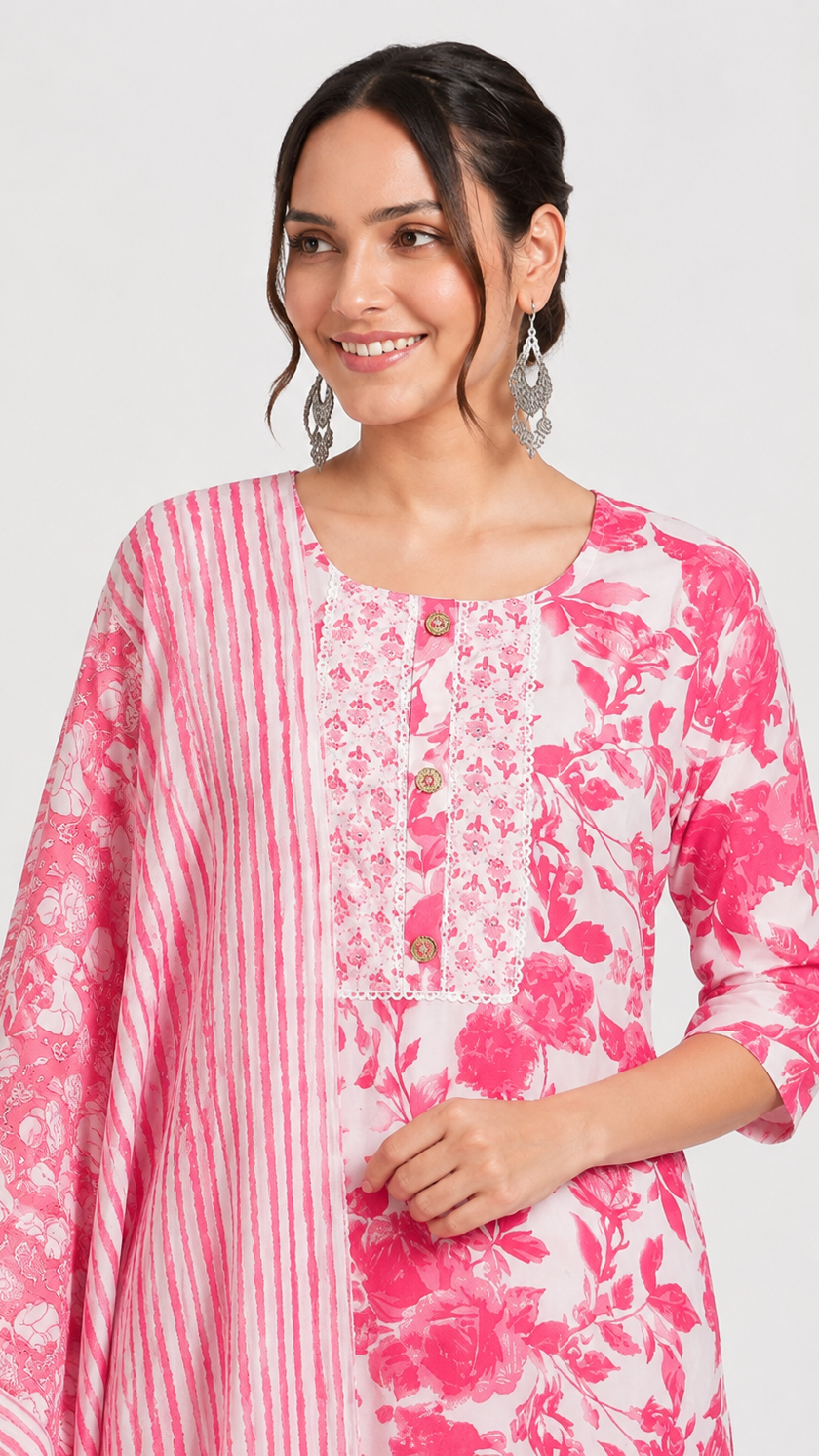 Coral pink and white floral printed salwar kameez suit with straight trousers and matching printed dupatta
