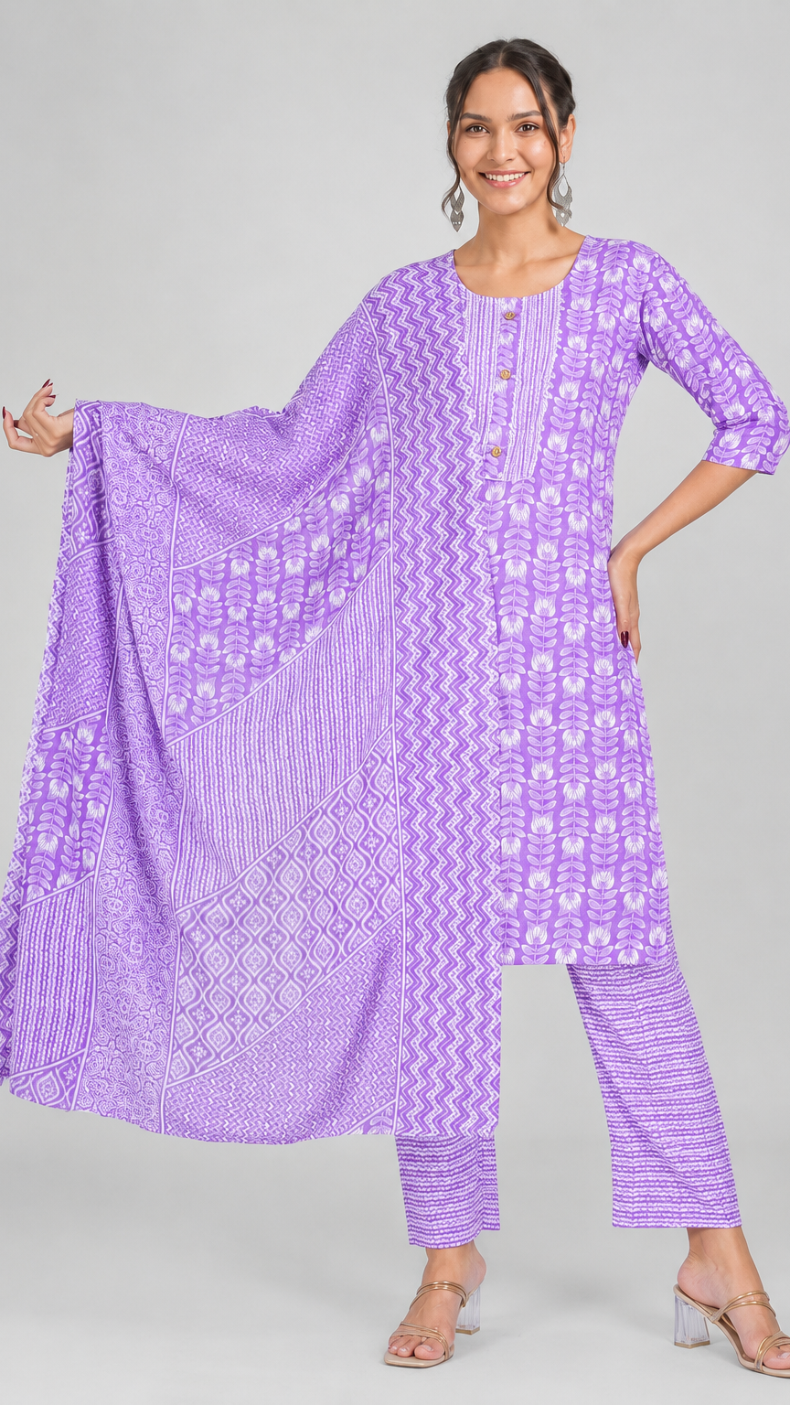 Lilac purple and white printed salwar kameez suit with straight trousers and matching patterned dupatta
