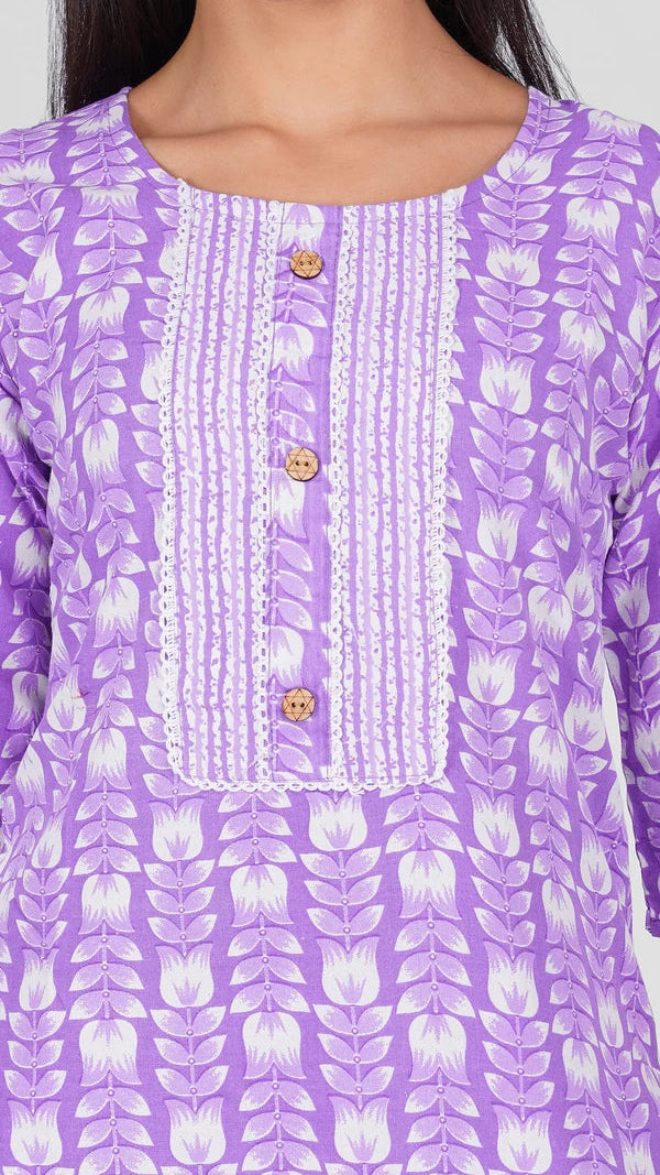 Lilac purple and white printed salwar kameez suit with straight trousers and matching patterned dupatta
