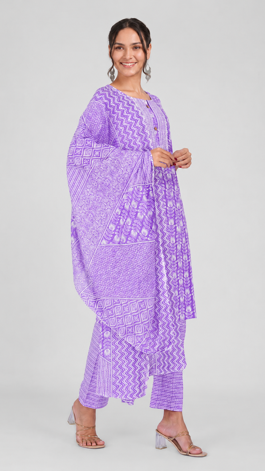 Lilac purple and white printed salwar kameez suit with straight trousers and matching patterned dupatta
