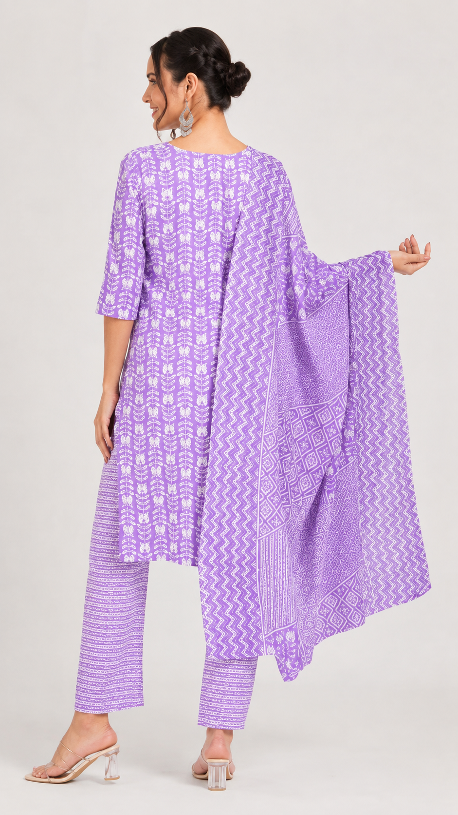 Lilac purple and white printed salwar kameez suit with straight trousers and matching patterned dupatta
