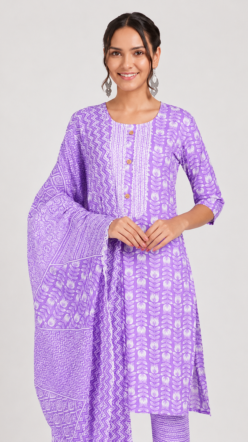 Lilac purple and white printed salwar kameez suit with straight trousers and matching patterned dupatta
