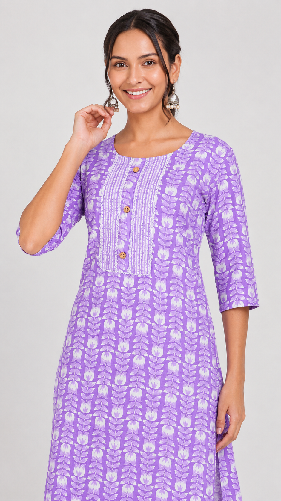 Lilac purple and white printed salwar kameez suit with straight trousers and matching patterned dupatta
