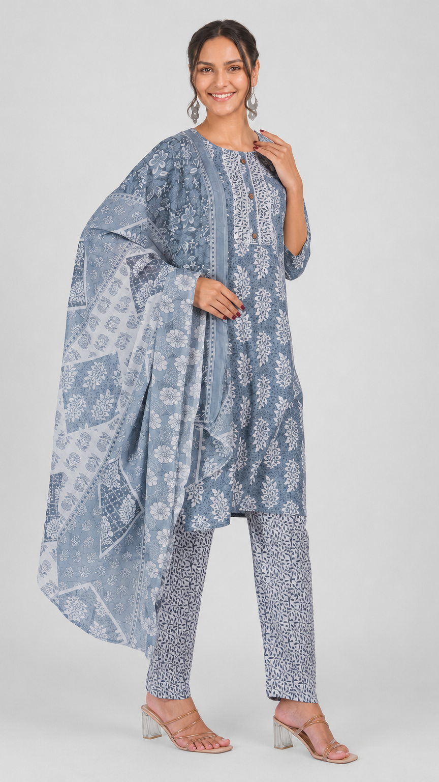 Slate blue and white floral printed salwar kameez suit with straight trousers and matching patterned dupatta
