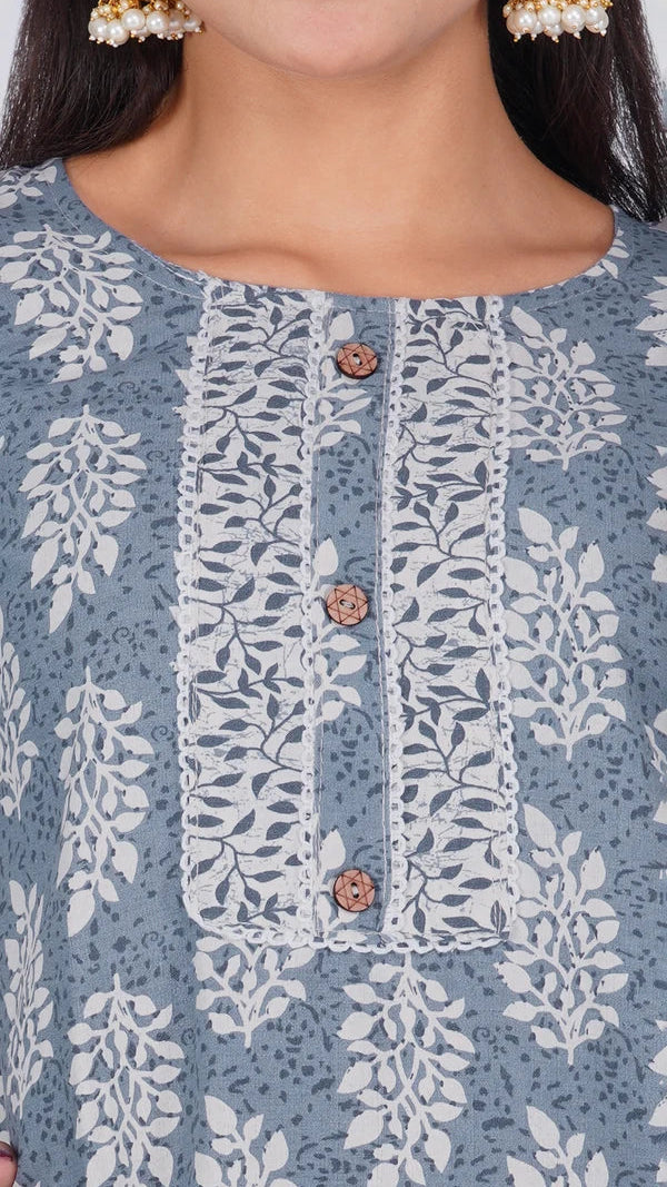 Slate blue and white floral printed salwar kameez suit with straight trousers and matching patterned dupatta
