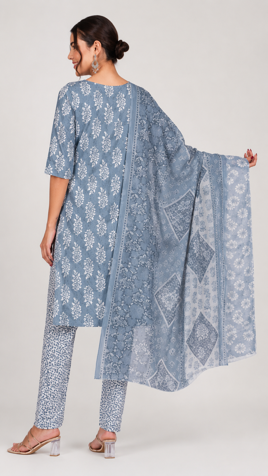 Slate blue and white floral printed salwar kameez suit with straight trousers and matching patterned dupatta
