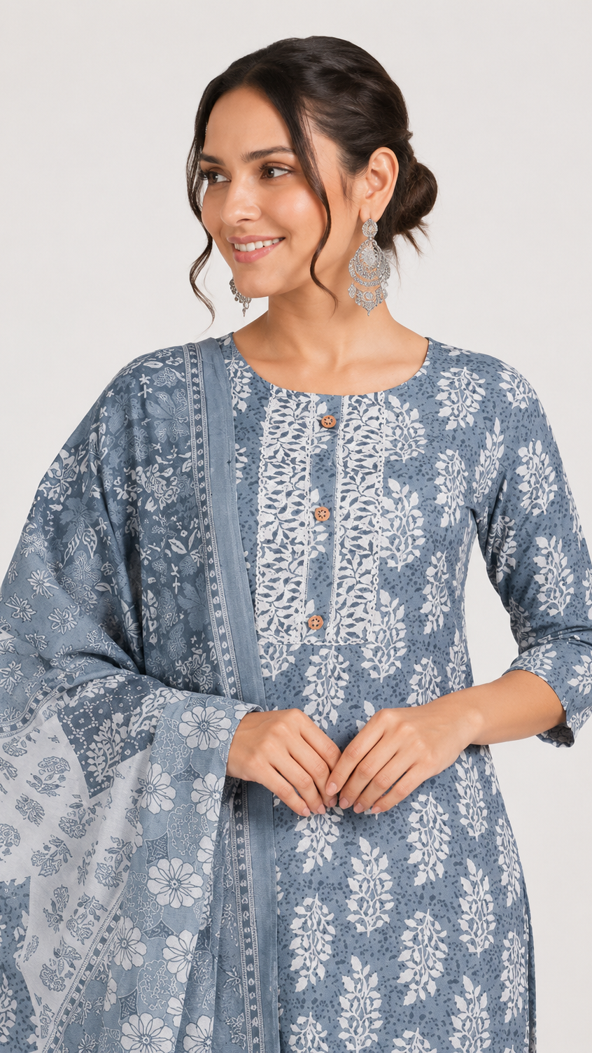 Slate blue and white floral printed salwar kameez suit with straight trousers and matching patterned dupatta
