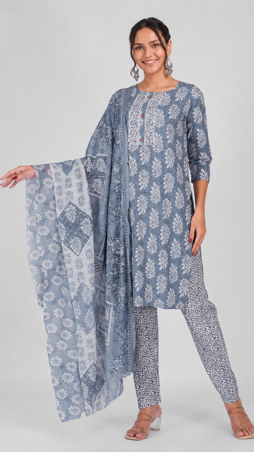 Slate blue and white floral printed salwar kameez suit with straight trousers and matching patterned dupatta
