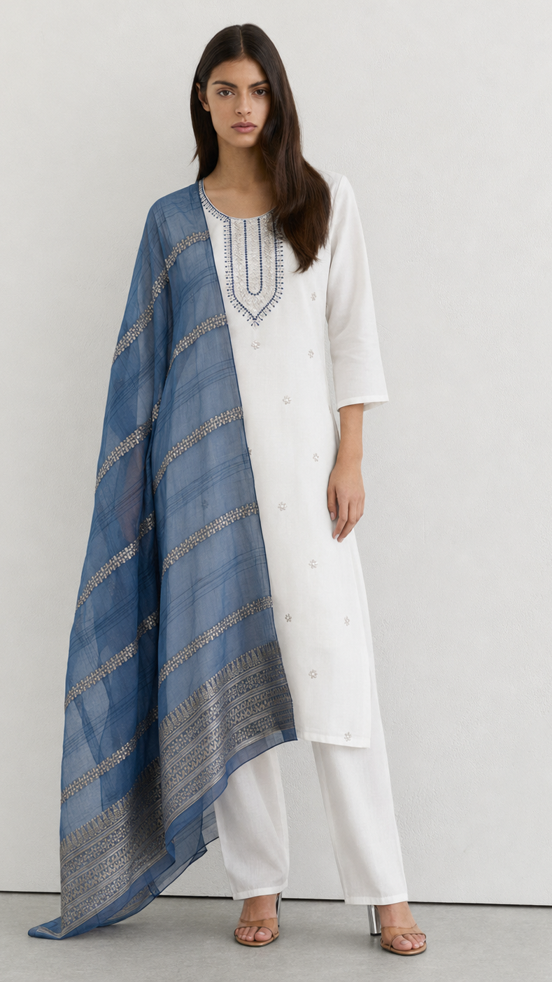 Young woman wearing an ivory white embroidered kurta set with matching trousers and a blue woven dupatta featuring metallic border detailing.