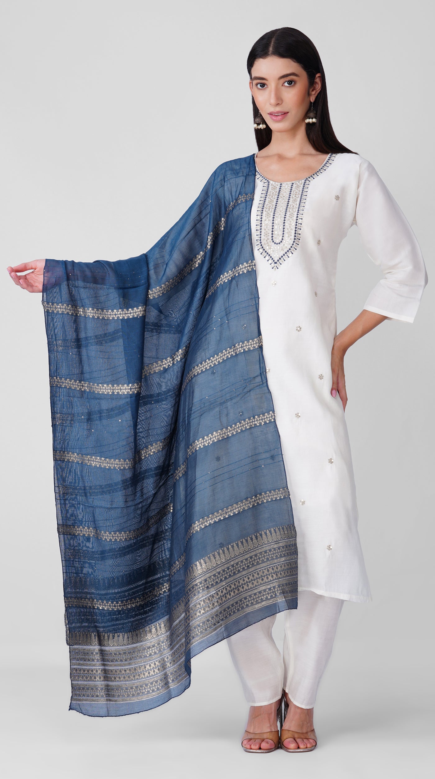 Ivory Roman Silk Kurta Set with Teal Chanderi Dupatta